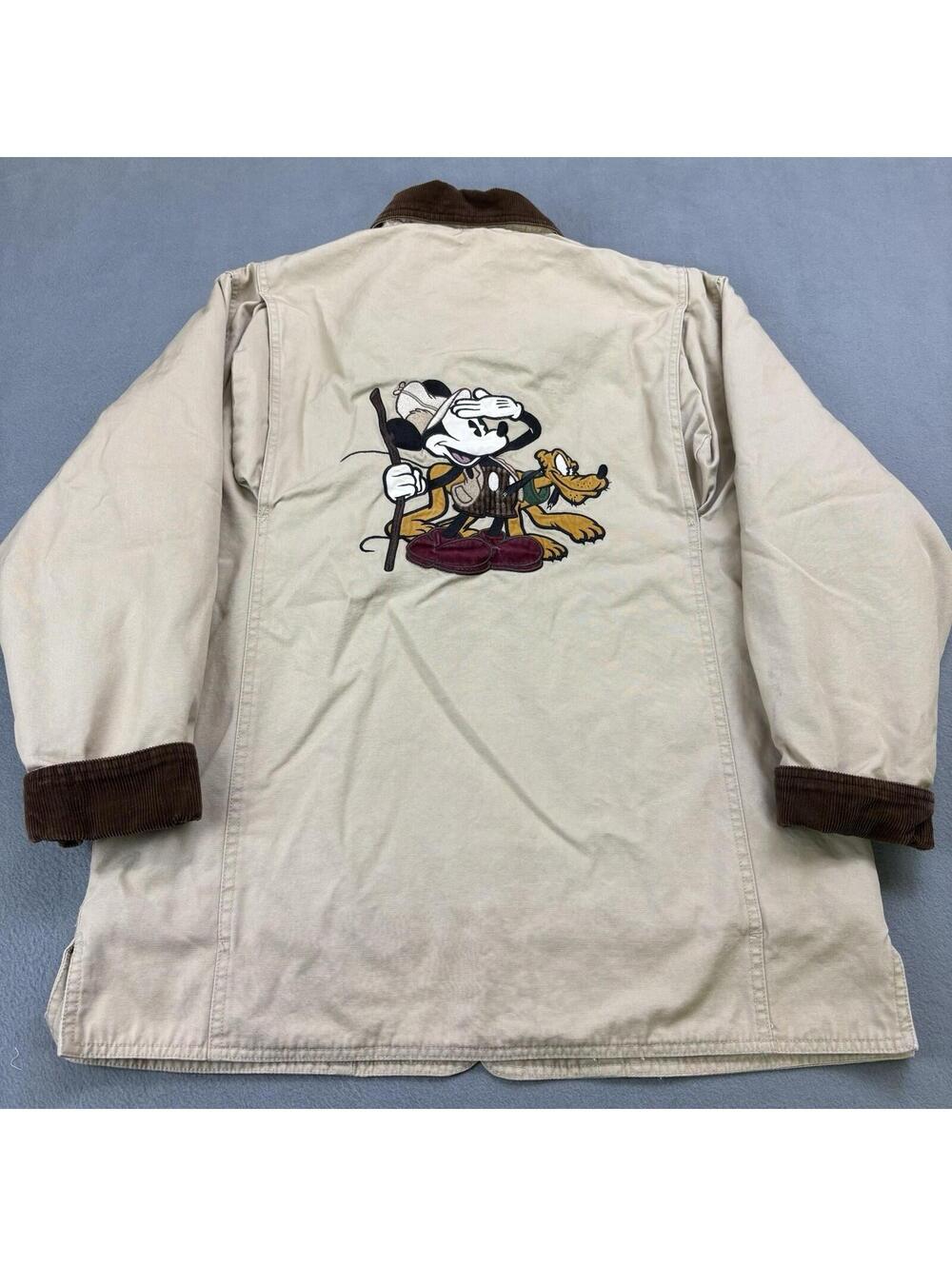 Vintage Disney Mickey Mouse Pluto Plaid Lined Barn Chore Jacket Small Beige